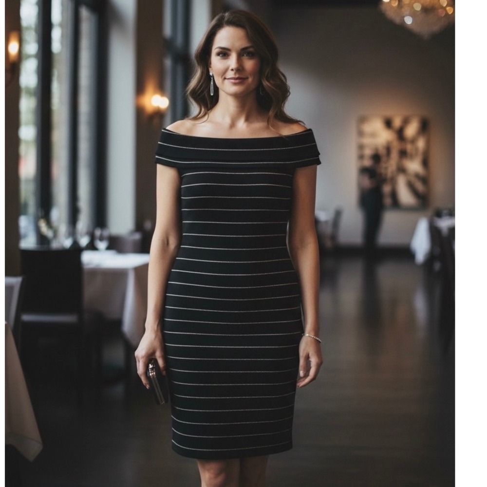 Lauren Ralph Lauren Black Metallic Striped Off Shoulder‎ Sheath Dress Womens M